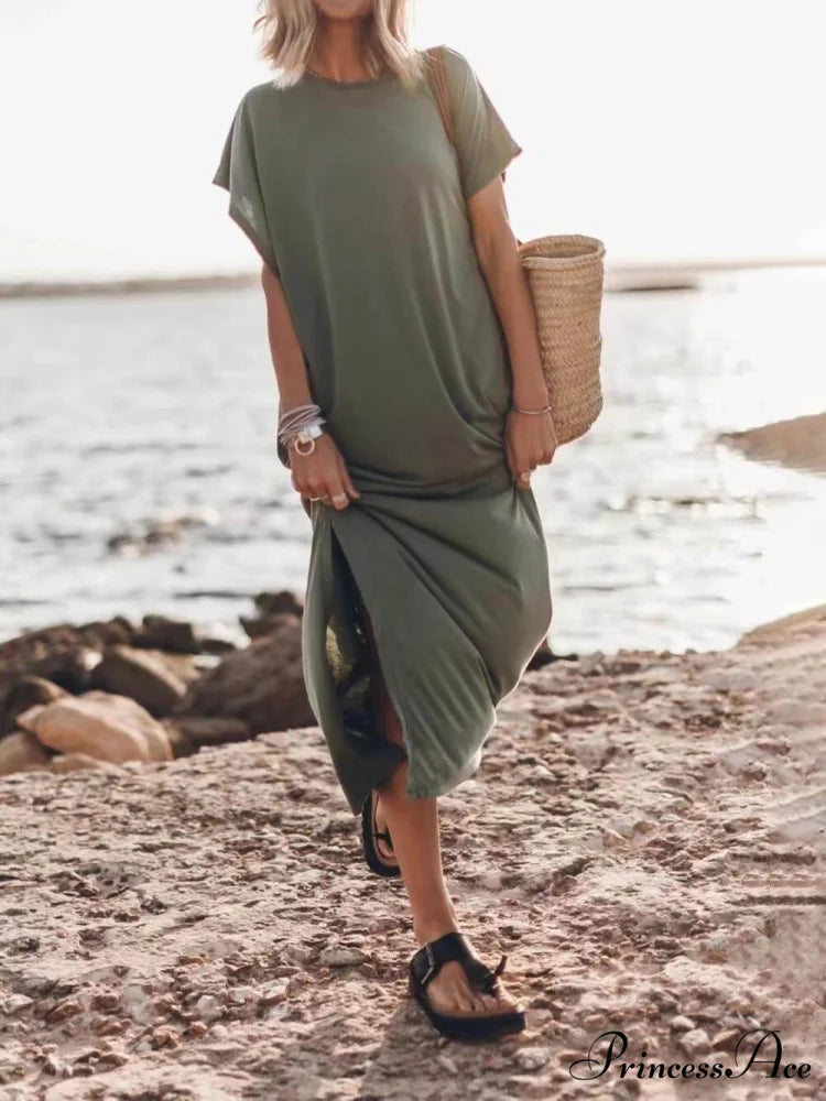 Effortless Open Sleeve Slit Graceful Oversized T-shirt Midi Dress Olive / S