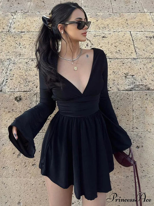 Effortless Plunge Graceful Skater Short Dress Black / S