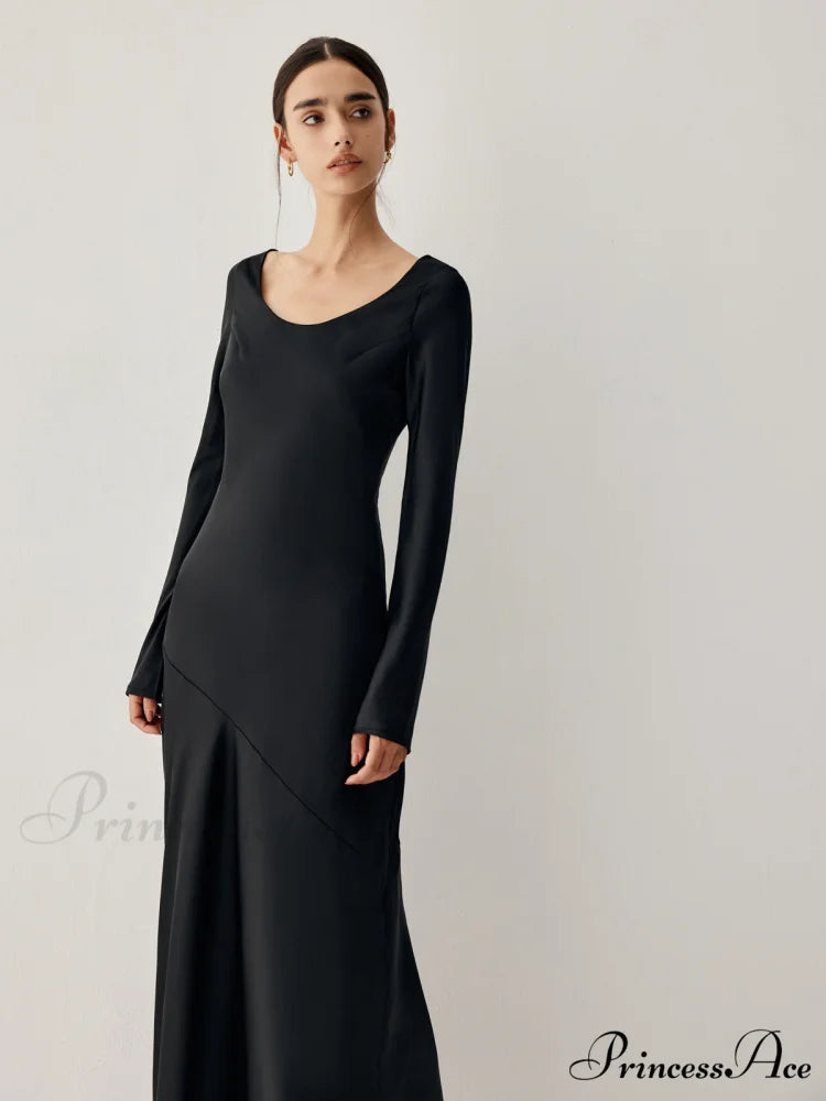 Effortless Satin Long Trendy Sleeve Long Dress Black / S