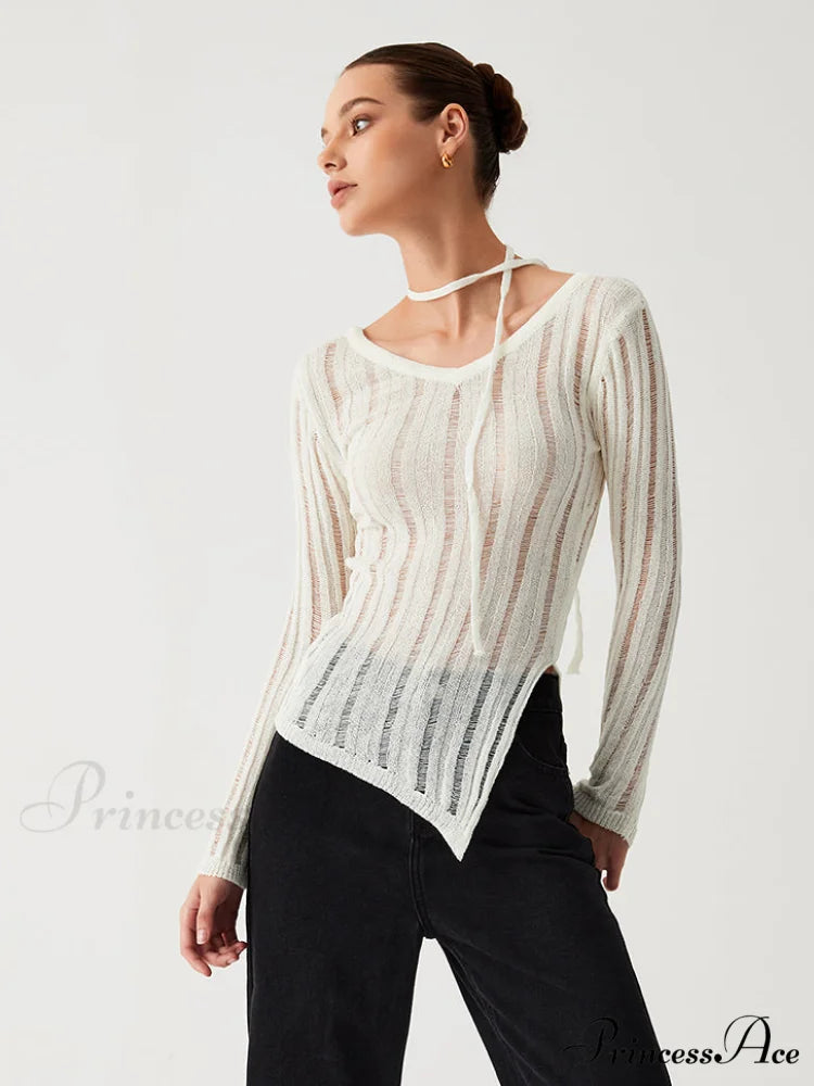 Effortless See Through Trendy Open Knit Top White / S
