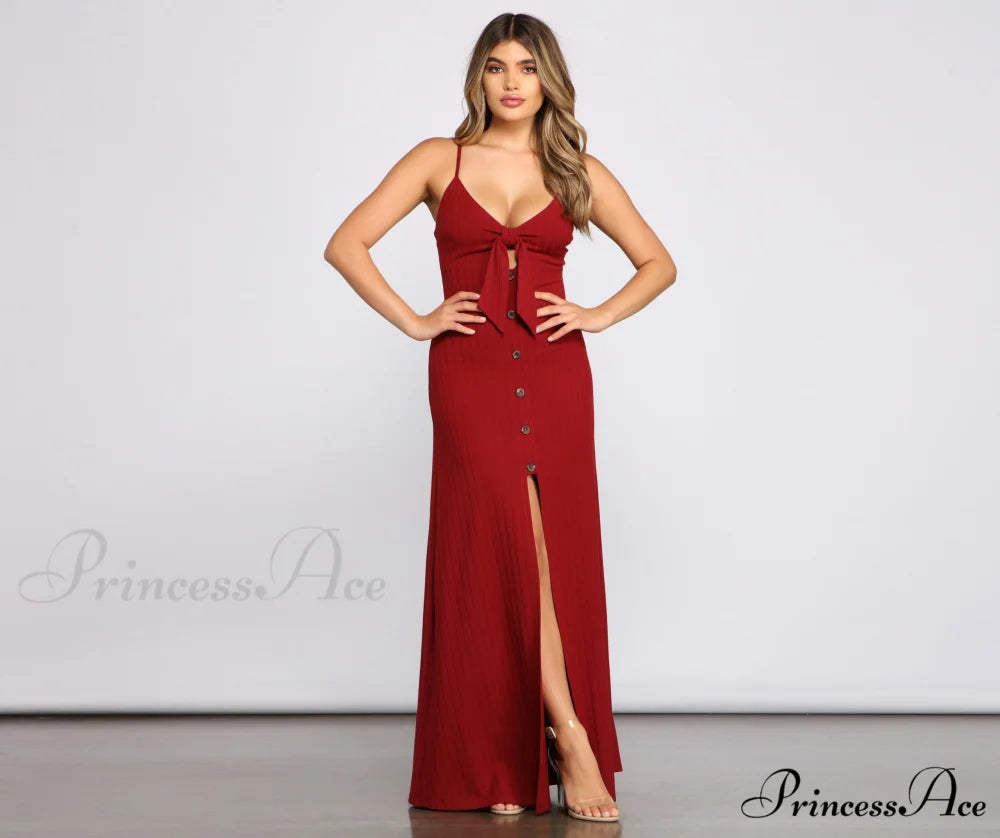 Effortless Style Stylish Tie-Front Maxi Dress BURGUNDY / XS