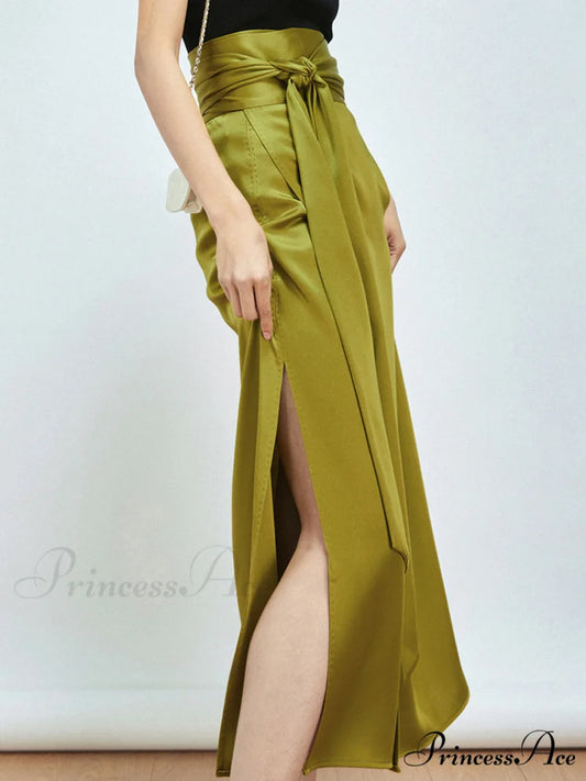 Effortless Tie Front Satin Modern Flowy Slit Midi Skirt Mustard / XS