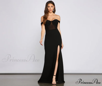 Elandra Formal Off The Graceful Shoulder Heat Stone Dress BLACK / XS