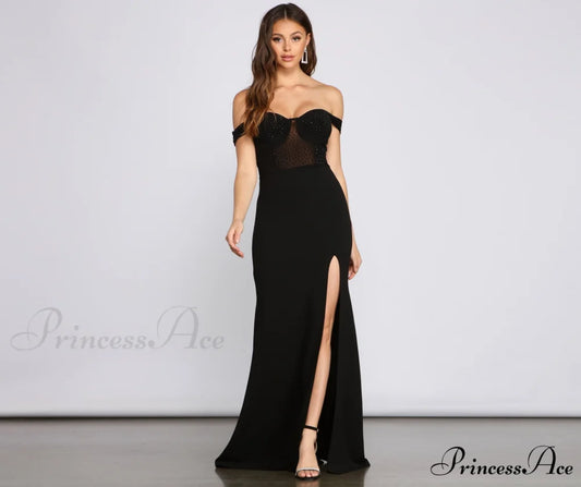 Elandra Formal Off The Graceful Shoulder Heat Stone Dress BLACK / XS