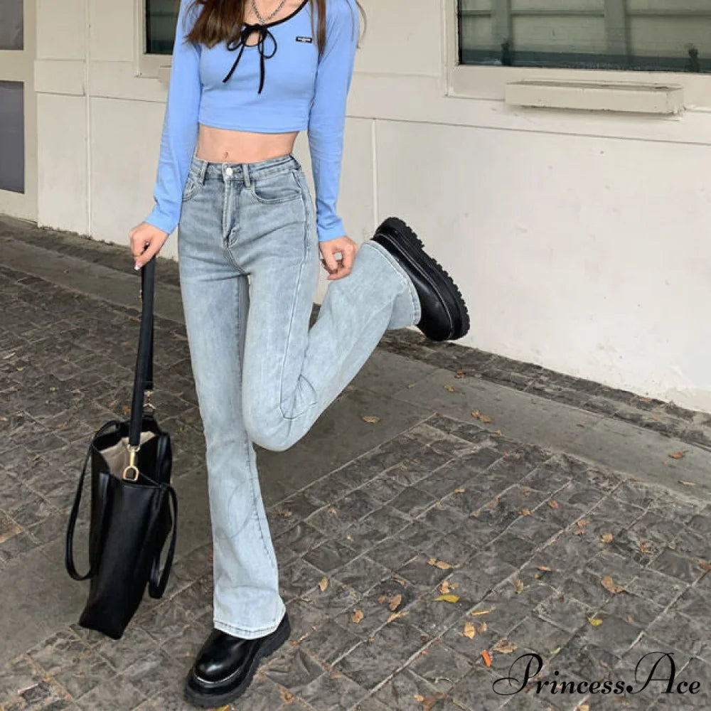 Elastic Fashion Boyfriend Style Denim Pants sky blue / S