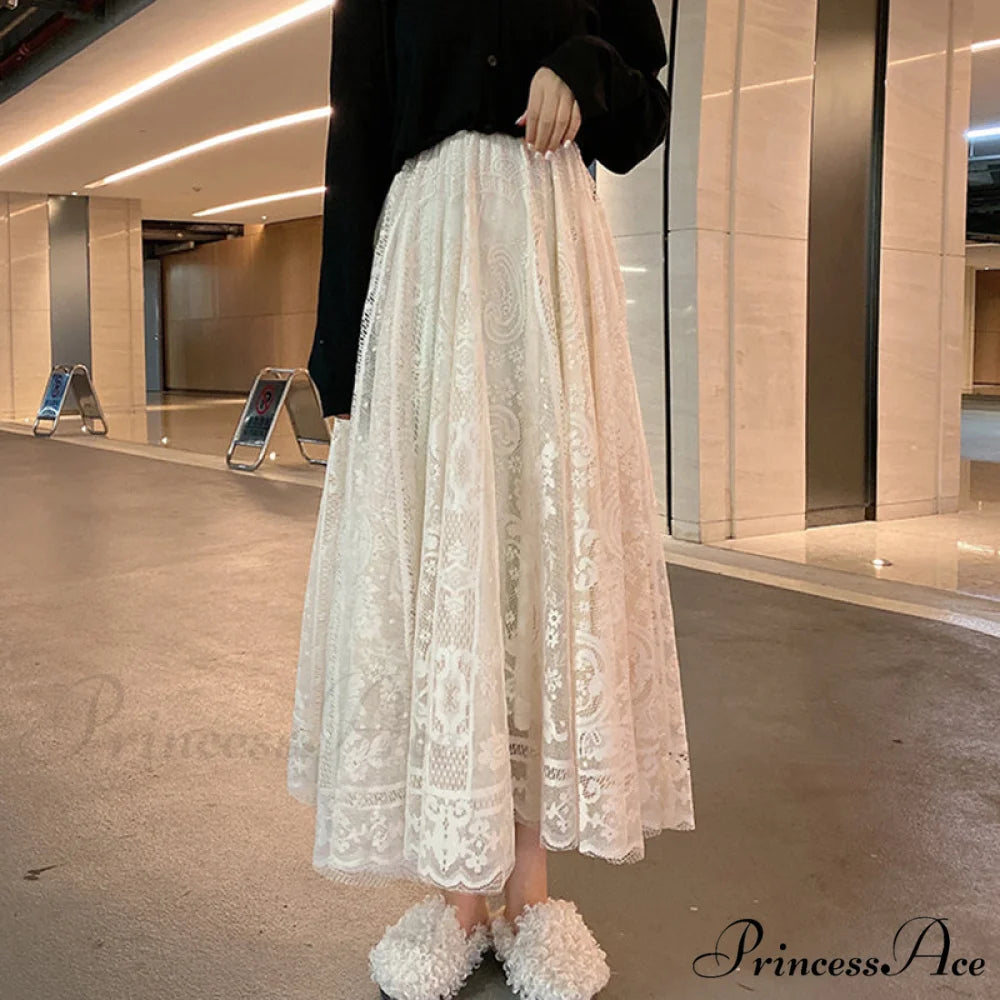 Elastic High Waist Lace Skirts apricot / One Size