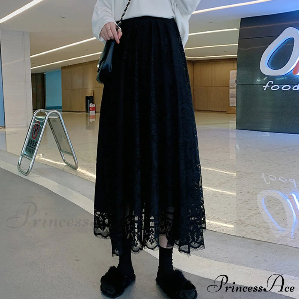 Elastic High Waist Lace Skirts Black / One Size