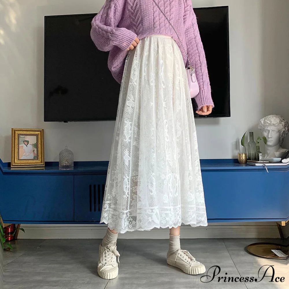 Elastic High Waist Lace Skirts white / One Size