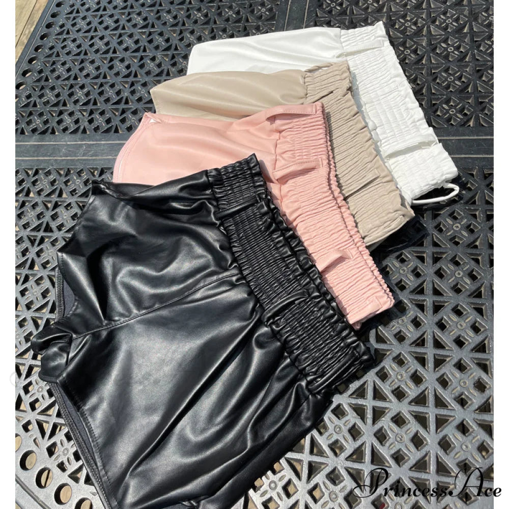 Elastic High Waist White PU Shorts