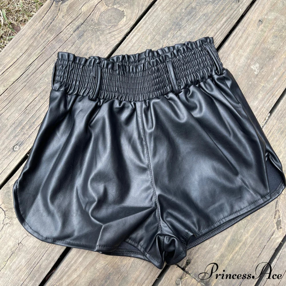 Elastic High Waist White PU Shorts Black / S