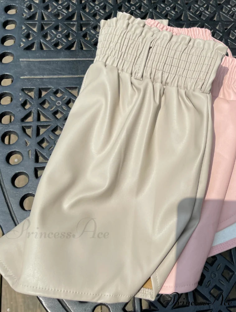 Elastic High Waist White PU Shorts Cream / S