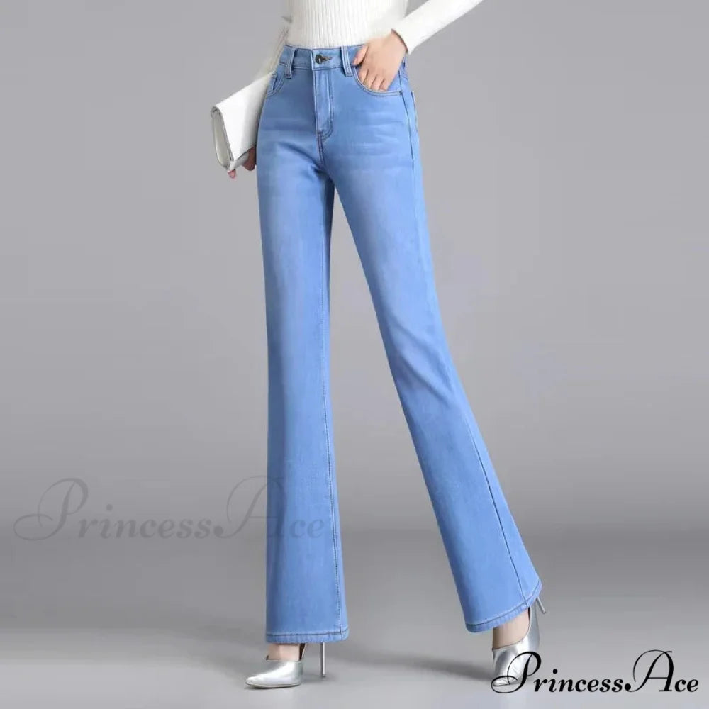 Elastic High Waist Woman Flare 2024 New Korean Fashion Clothing Pockets Slim Denim Solid Casual Flare Jean Light blue