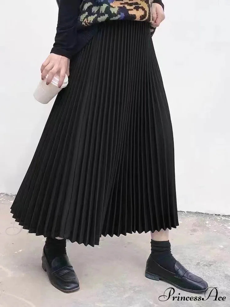 Elastic High-Waisted Stylish Pleated Midi Skirt Black / F