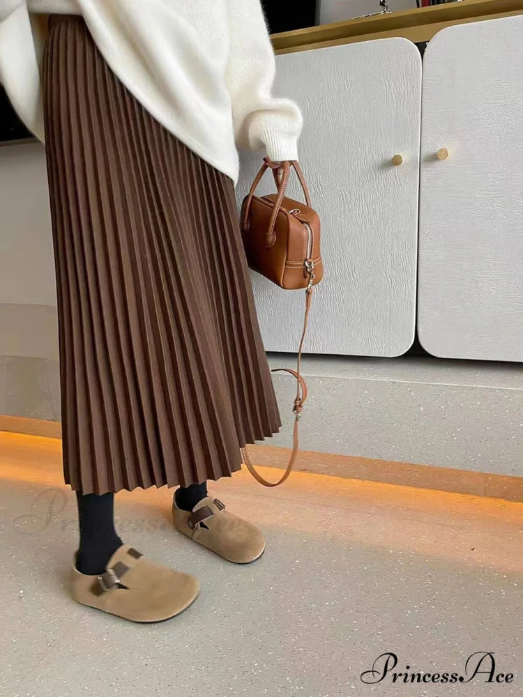 Elastic High-Waisted Stylish Pleated Midi Skirt Brown / F