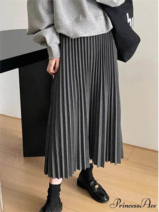 Elastic High-Waisted Stylish Pleated Midi Skirt Dark Gray / F