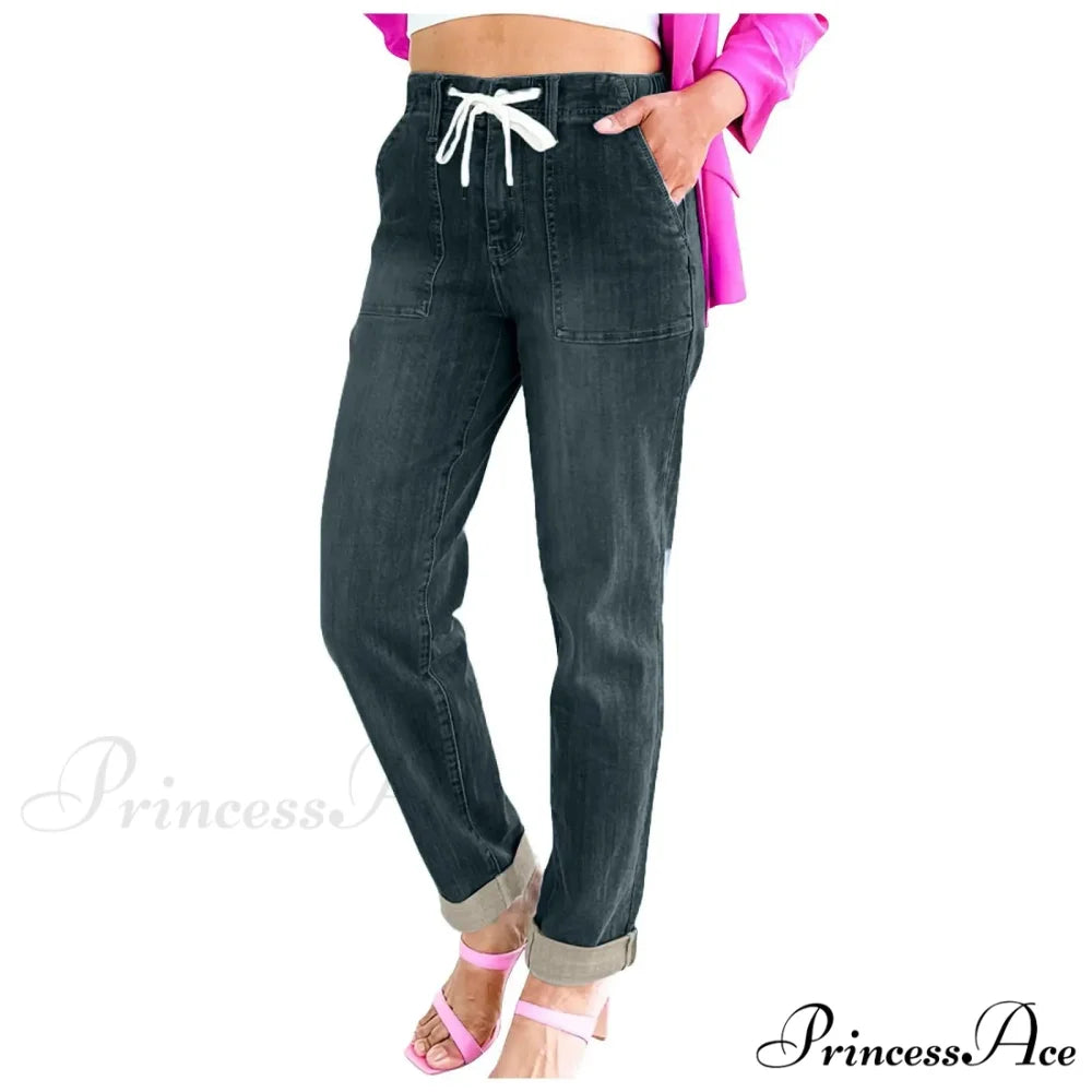 Elastic Skinny Pencil Casual Denim Drawstring High Waist Women’s Fashionable Jean Black / XS