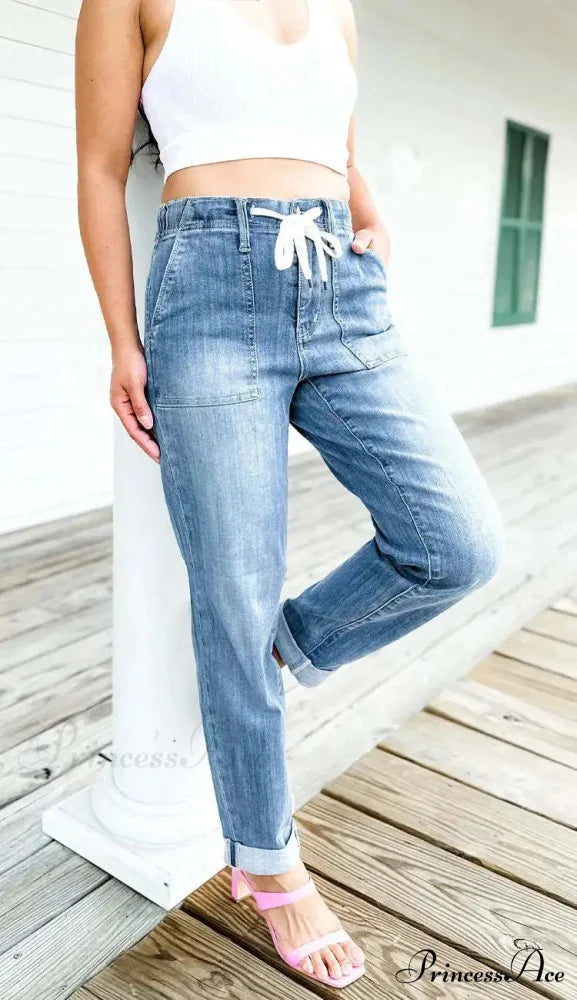 Elastic Skinny Pencil Casual Denim Drawstring High Waist Women’s Fashionable Jean Light blue / XS