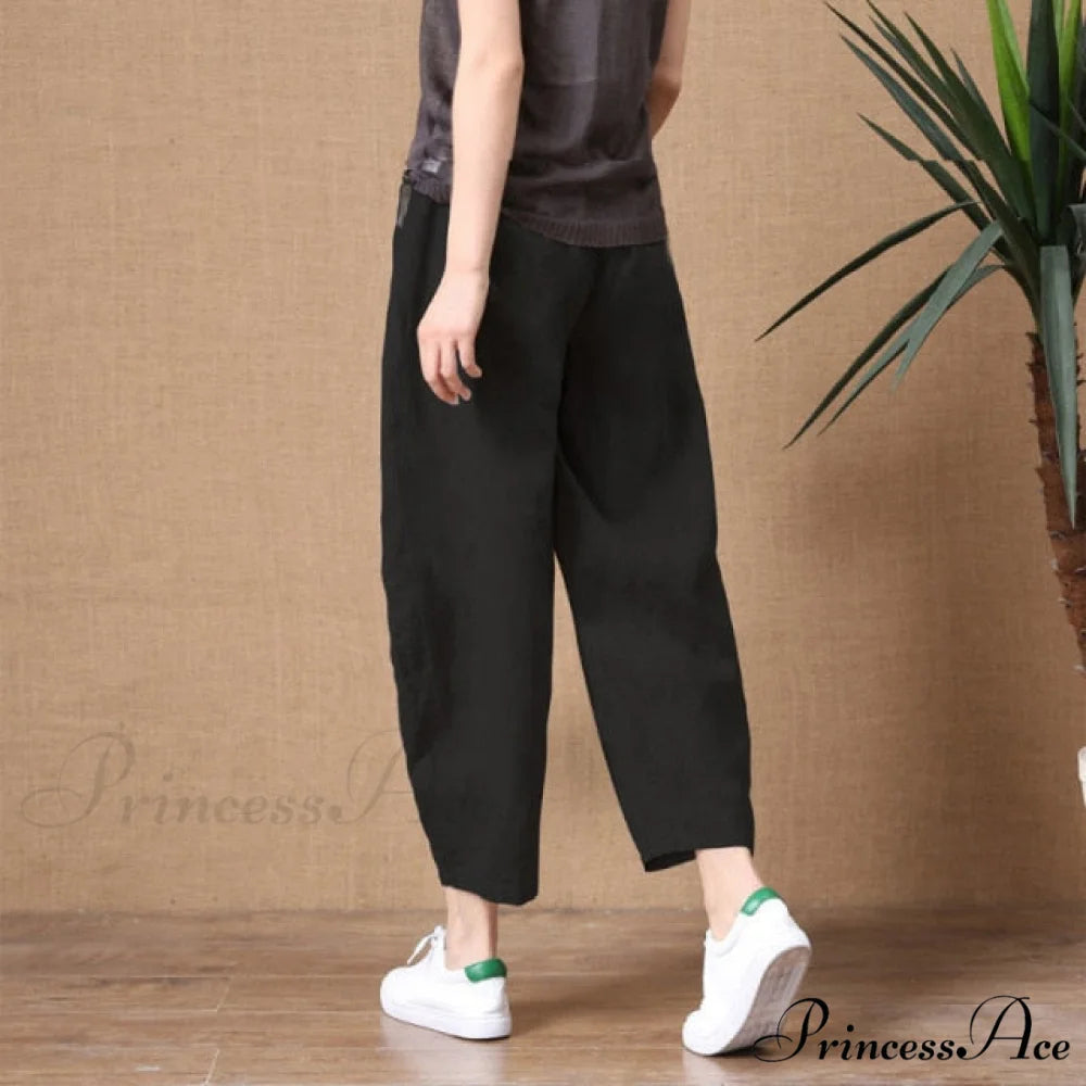 Elastic Waist Vintage Lady Loose Casual Pants black / S