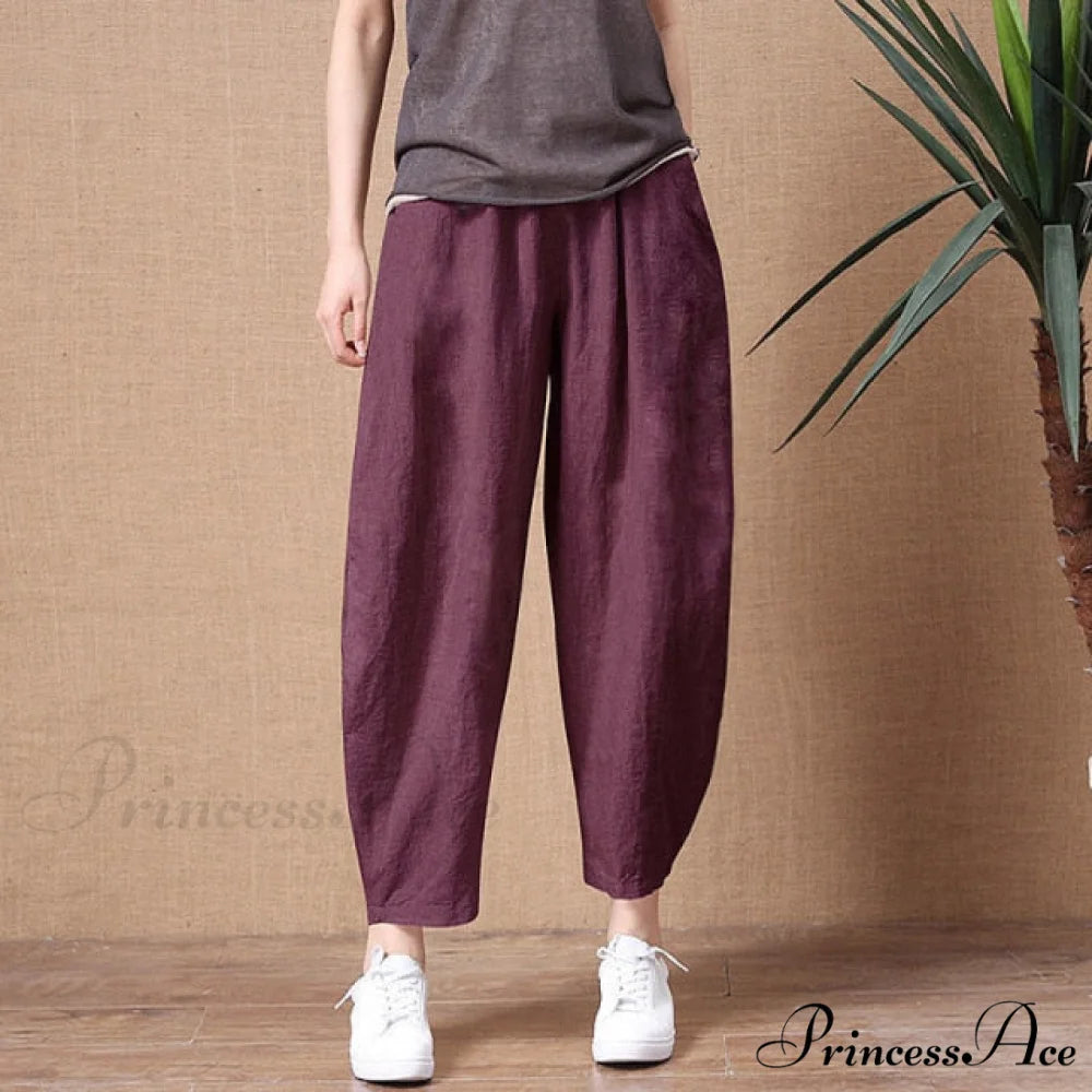Elastic Waist Vintage Lady Loose Casual Pants Claret / S