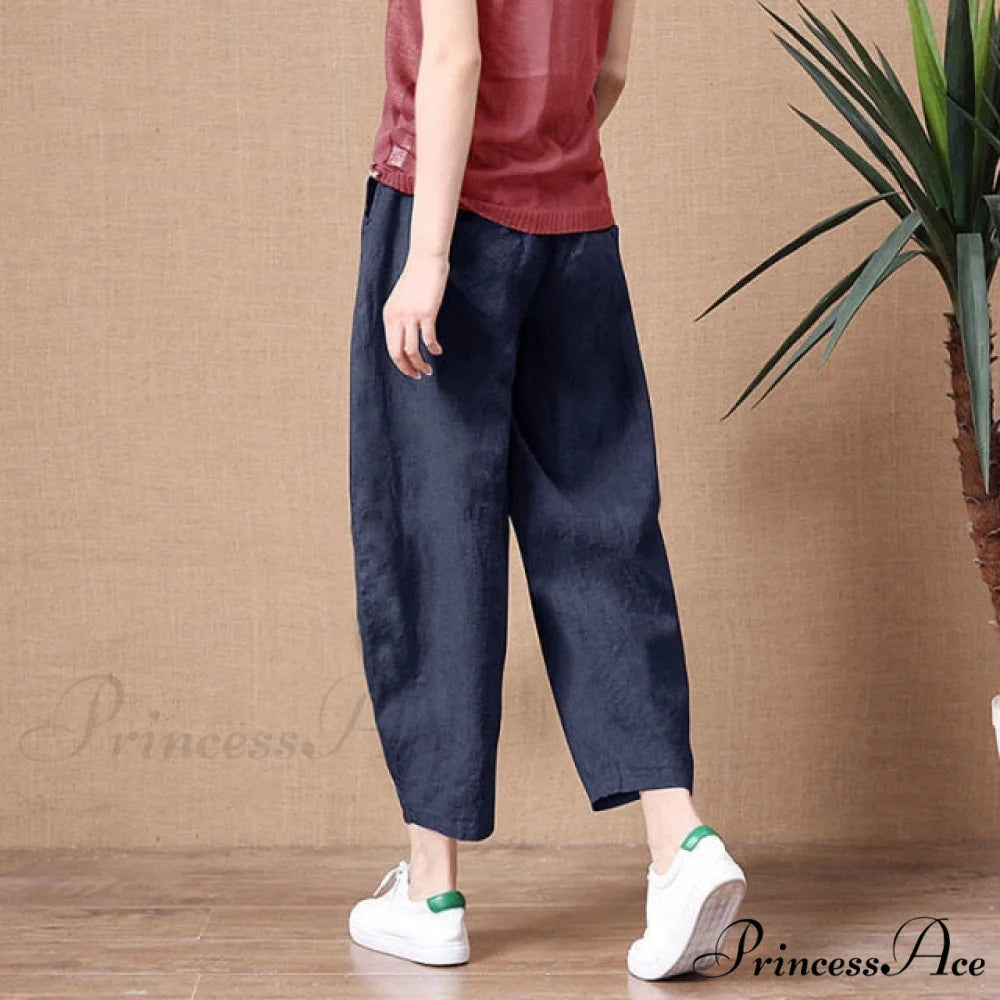 Elastic Waist Vintage Lady Loose Casual Pants Dark Blue / S