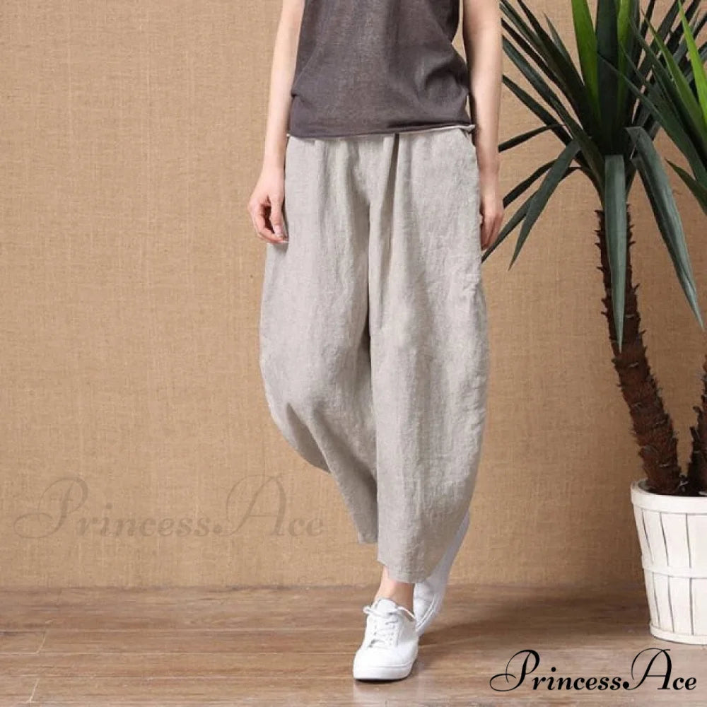 Elastic Waist Vintage Lady Loose Casual Pants gray / S