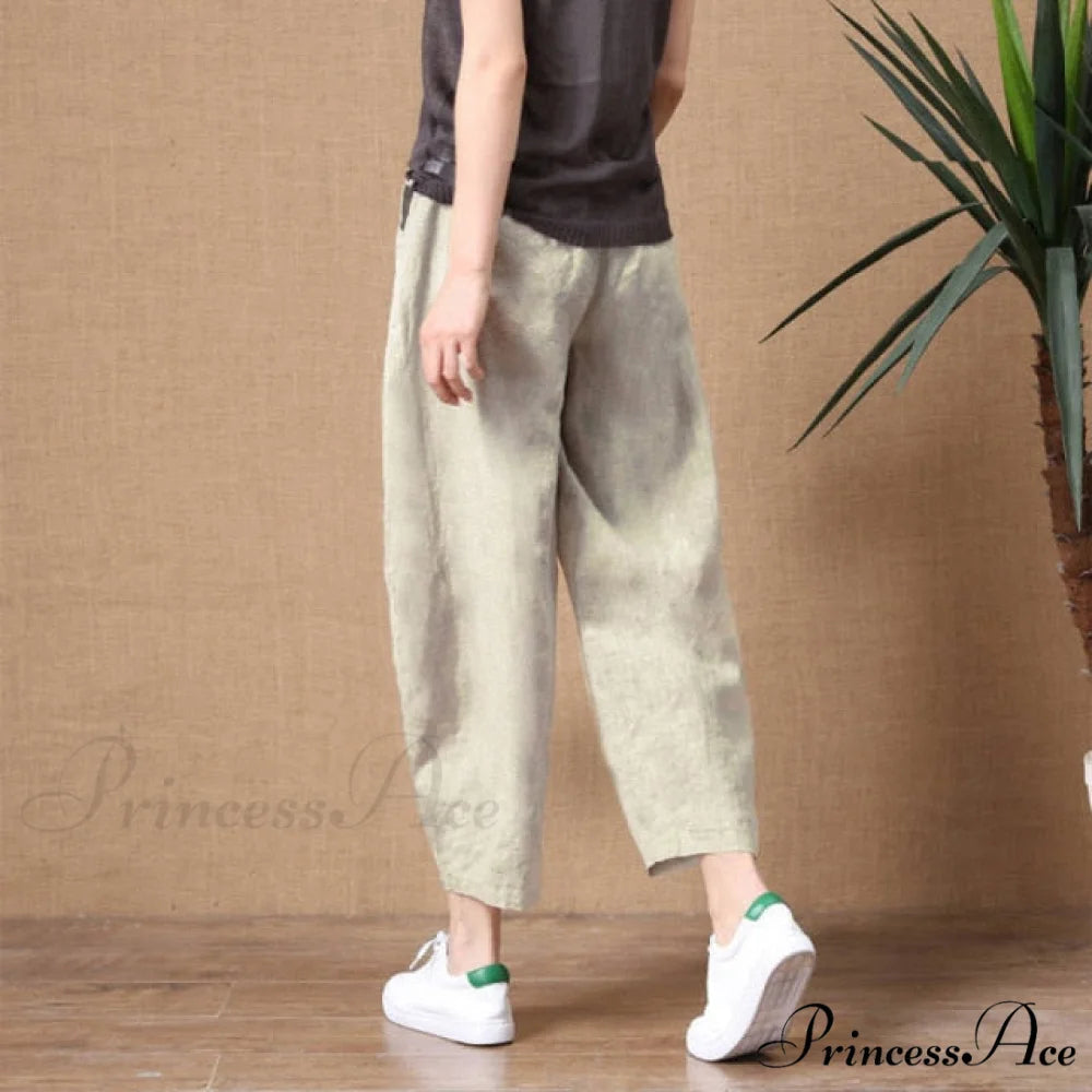 Elastic Waist Vintage Lady Loose Casual Pants Khaki / S