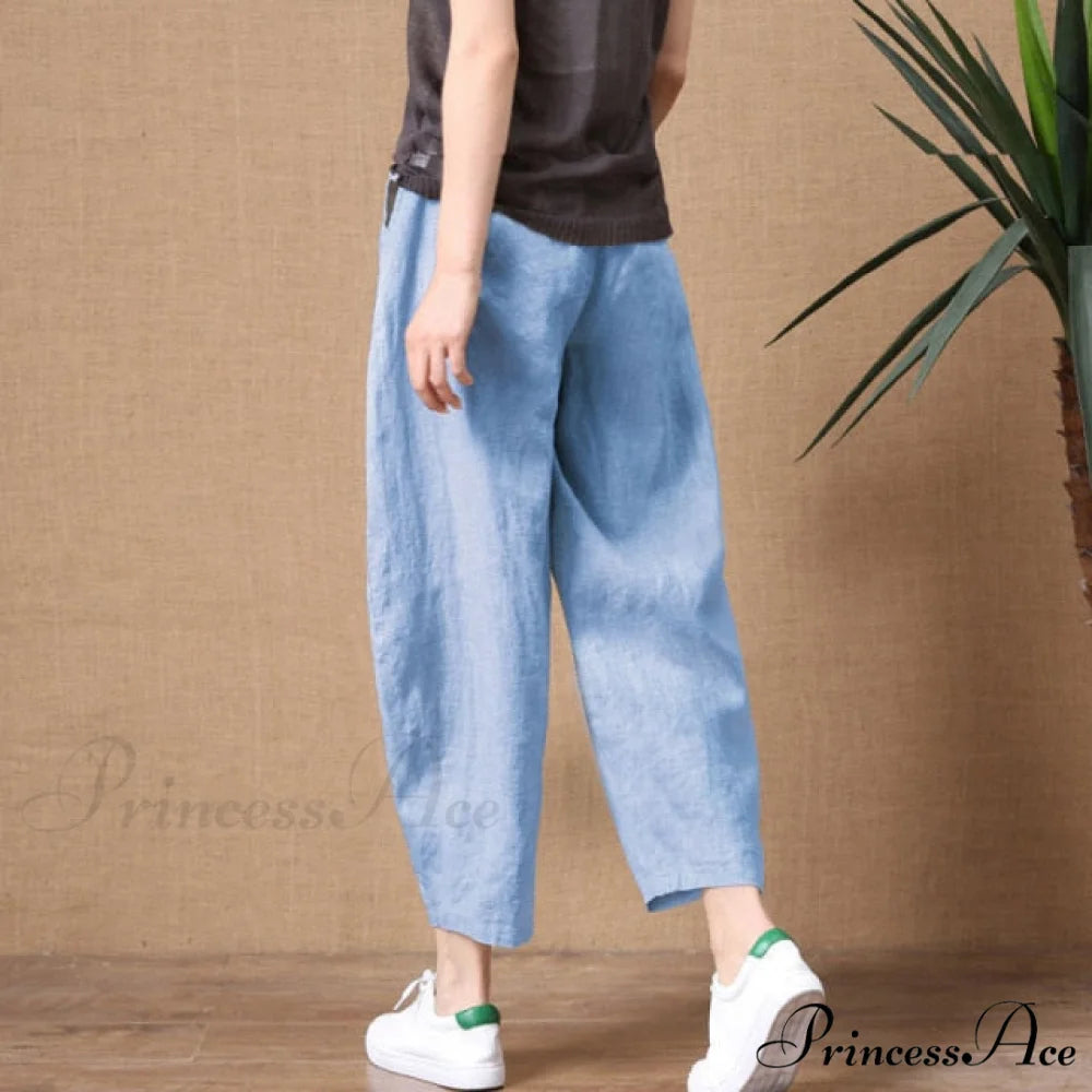 Elastic Waist Vintage Lady Loose Casual Pants sky blue / S