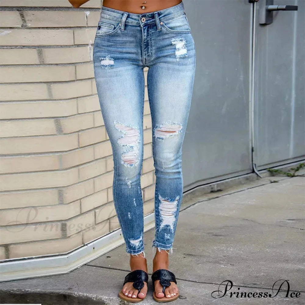 Elastic Women’s Cutout Ripped High Waist Casual Daily Skinny Pocket 2024 Trend Fashion Design Long Jean Blue / S