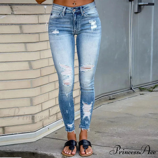 Elastic Women’s Cutout Ripped High Waist Casual Daily Skinny Pocket 2024 Trend Fashion Design Long Jean Blue / S