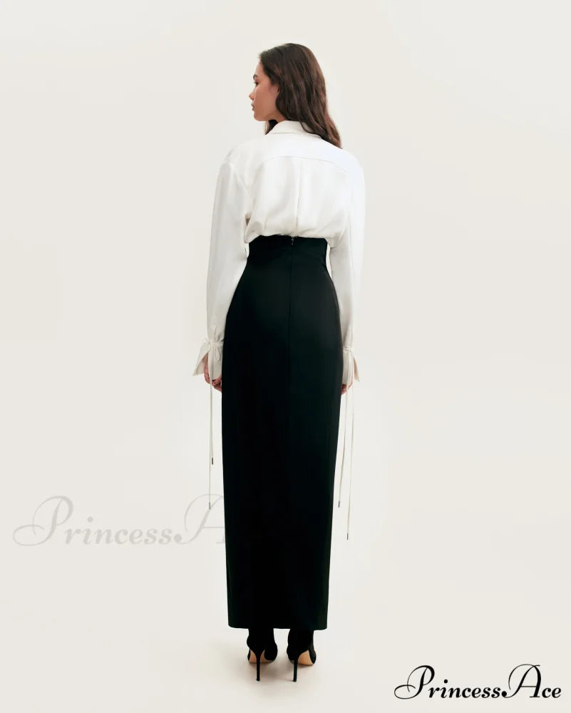 Elegant 3-Piece Set With White Silk Blouse White Sophisticated Mini Skirt And Black Crepe Maxi Skirt Xo Xo