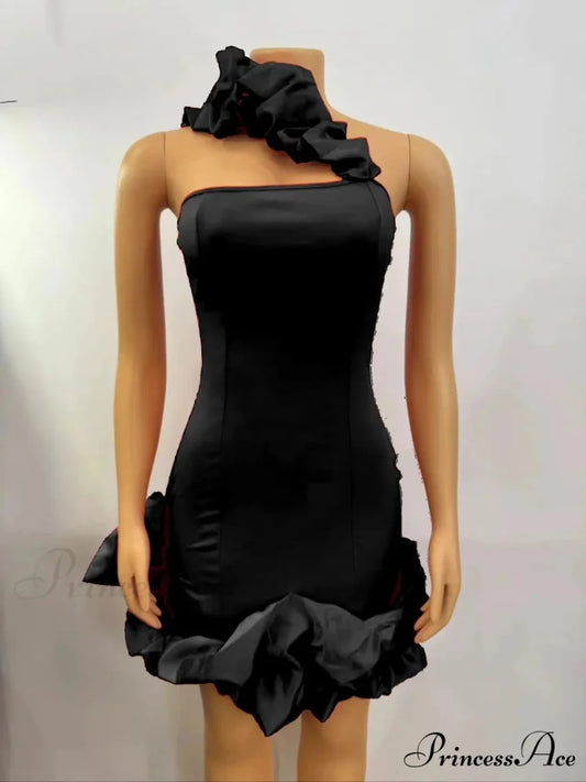 Elegant A-Line Backless One-Shoulder Red Christmas Party Dress Black / S