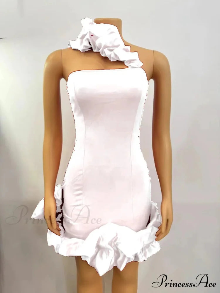 Elegant A-Line Backless One-Shoulder Red Christmas Party Dress White / S