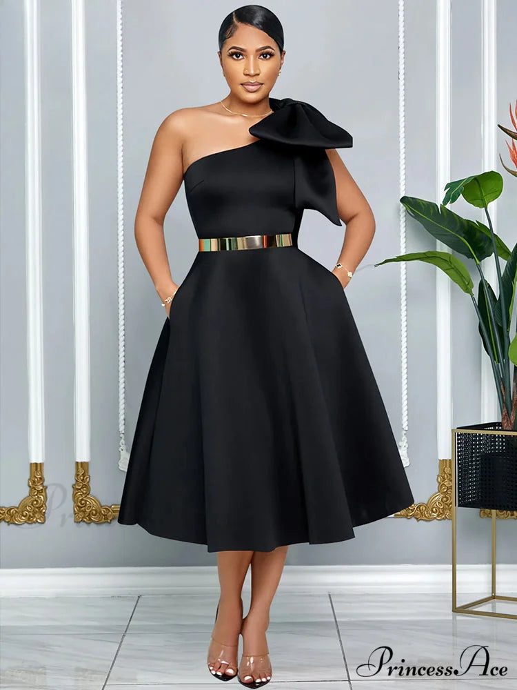 Elegant A Line Pleated One Shoulder Bow Red Christmas Party Dress black / S