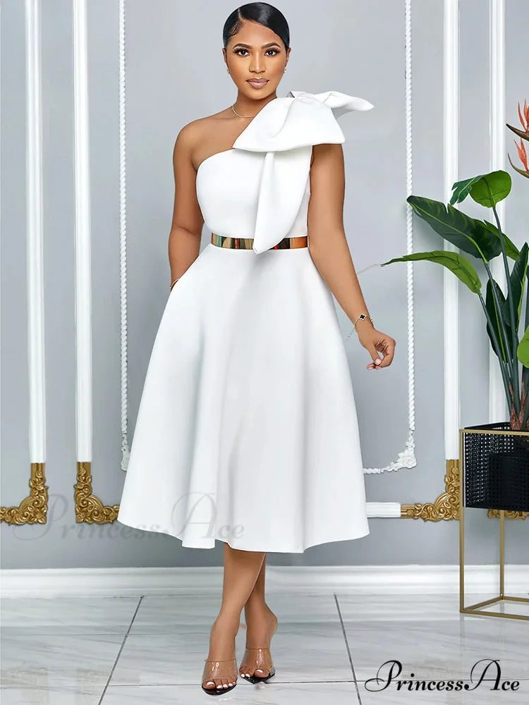 Elegant A Line Pleated One Shoulder Bow Red Christmas Party Dress white / S