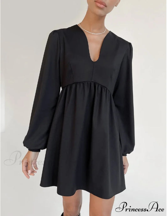 Elegant Autumn Mini Dress - Long Sleeve V-Neck Pleated Black Dress for Women