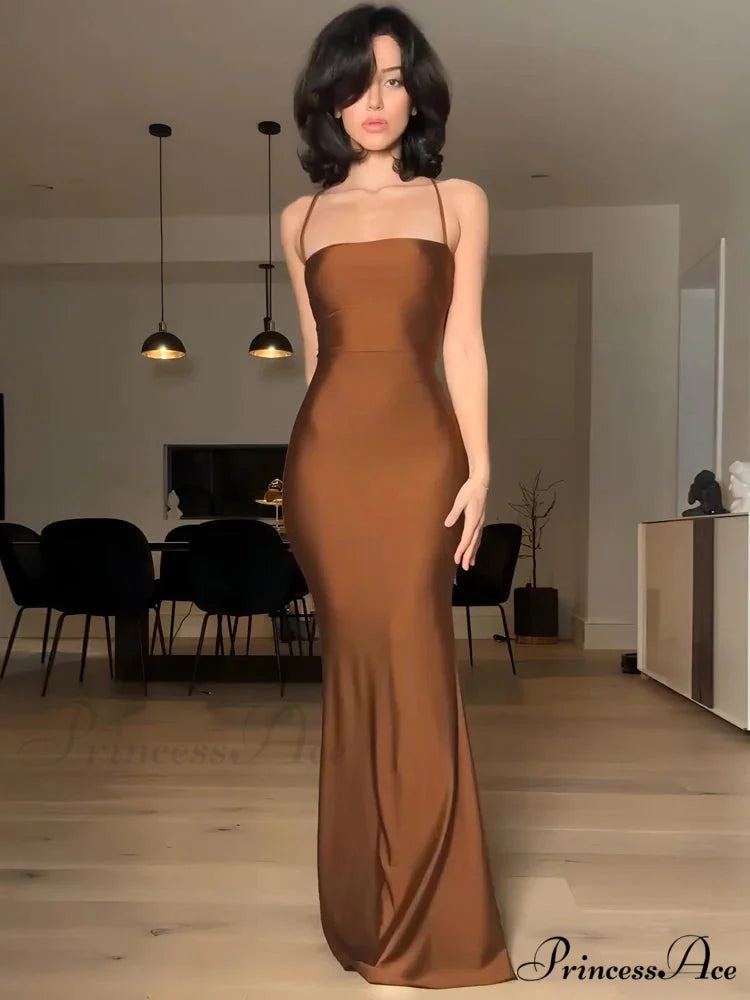 Elegant Backless Draped Bandage Sexy Maxi Christmas Party Dress Brown / S