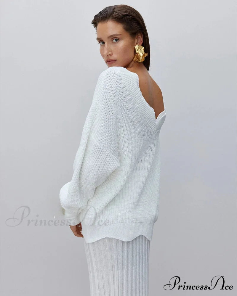 Elegant Backless Sexy Cut Out Long Sleeve Casual Christmas Sweater white / S