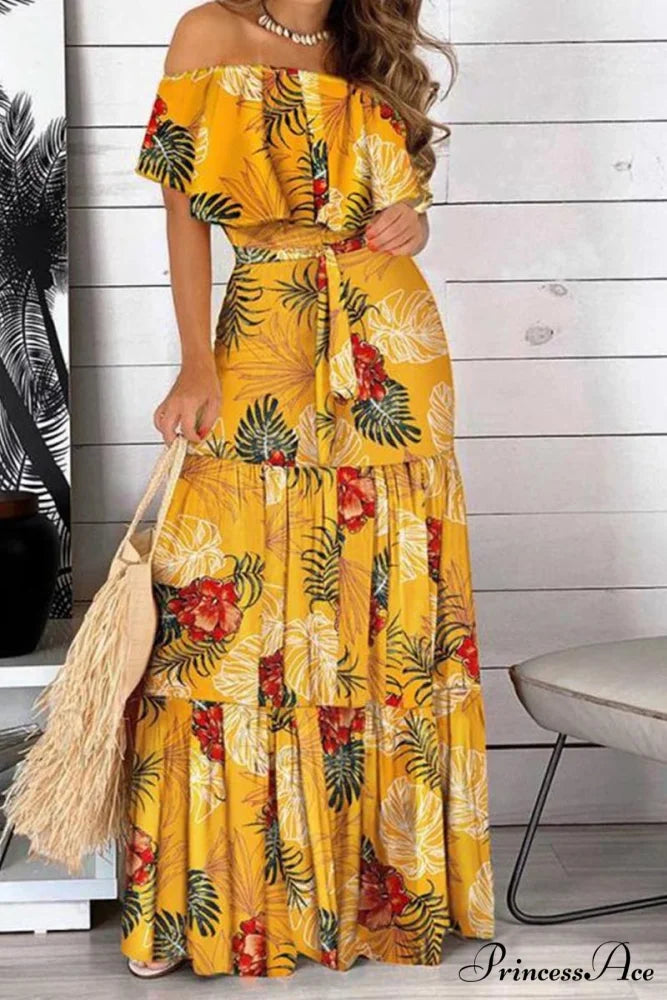 Elegant Bandeau Graceful Floral Maxi Dress Yellow / S