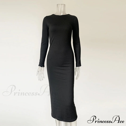 Elegant Black Bodycon Dress with Full-Length Sleeves XS / Khaki