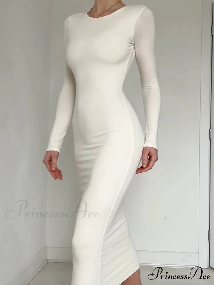 Elegant Black Bodycon Dress with Full-Length Sleeves XS / White