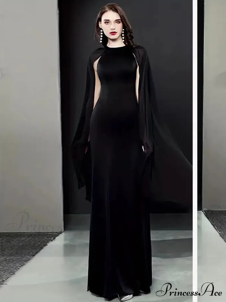 Elegant Black Chiffon Maxi Evening Party Dress with Long Sleeves