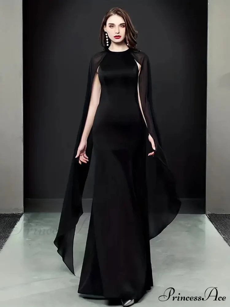 Elegant Black Chiffon Maxi Evening Party Dress with Long Sleeves