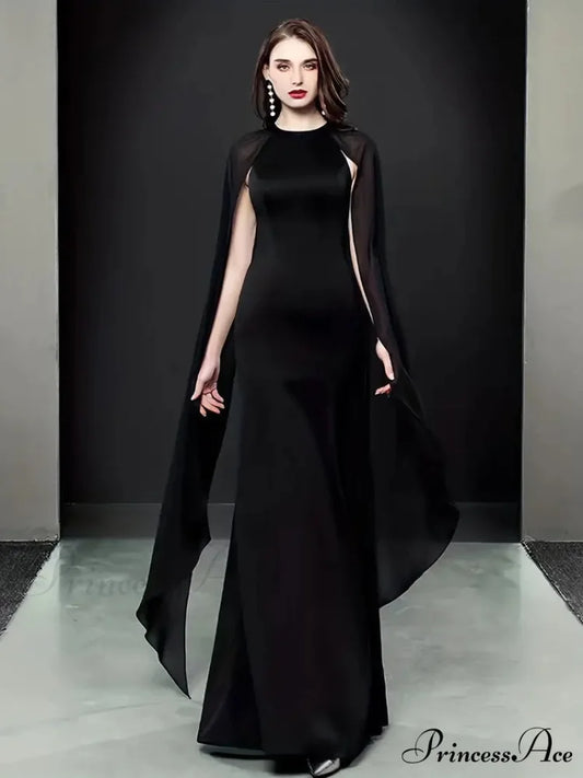 Elegant Black Chiffon Maxi Evening Party Dress with Long Sleeves