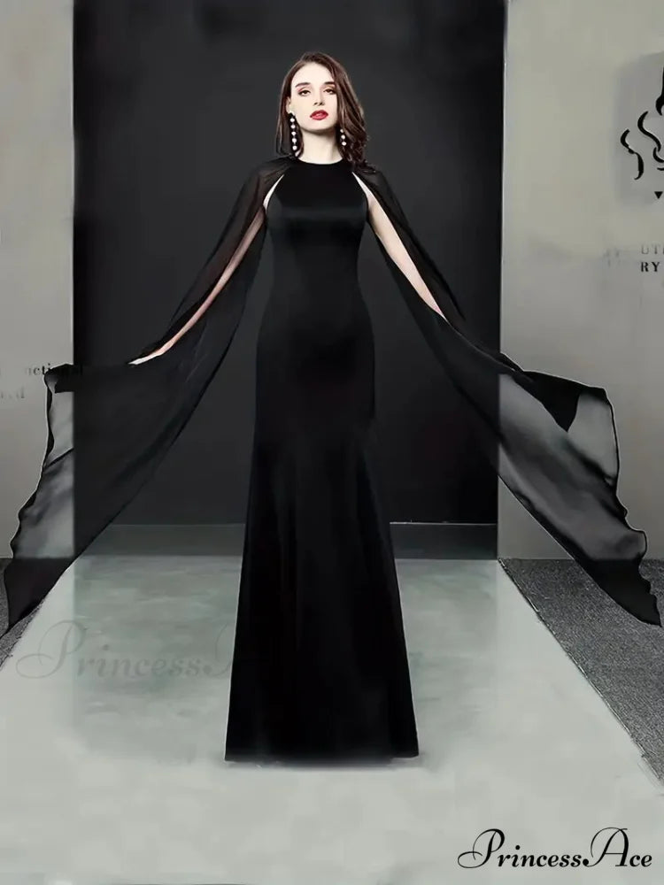 Elegant Black Chiffon Maxi Evening Party Dress with Long Sleeves