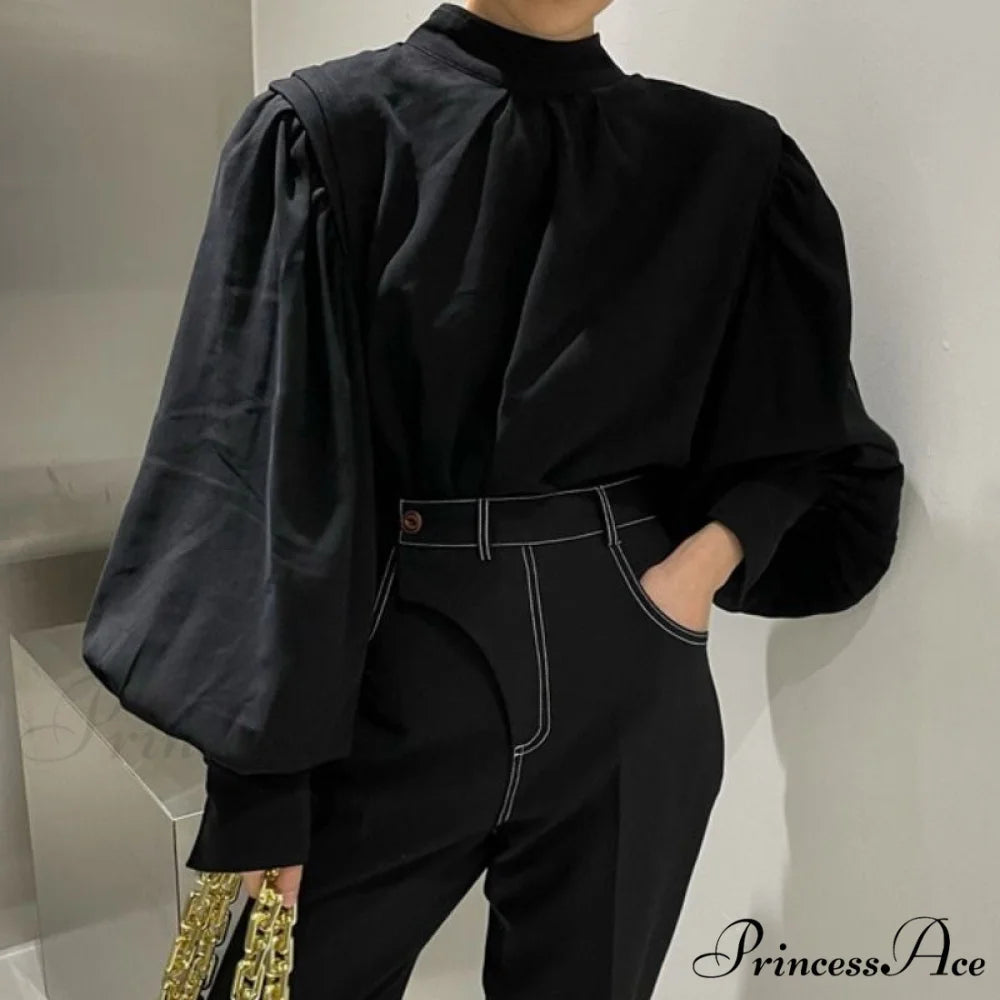 Elegant Blouse Black Sleeves Blouse Lantern Oversized and Vintage with Up Button Women’s Detail Black / S