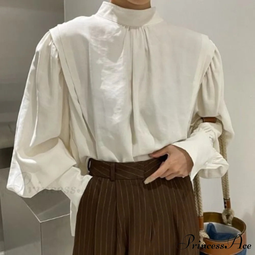 Elegant Blouse Black Sleeves Blouse Lantern Oversized and Vintage with Up Button Women’s Detail White / S