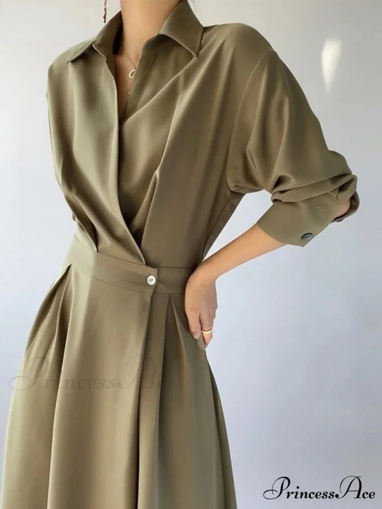 Elegant Casual A-Line Long Sleeve Slim Waist Black Vestidos Dress Green / S