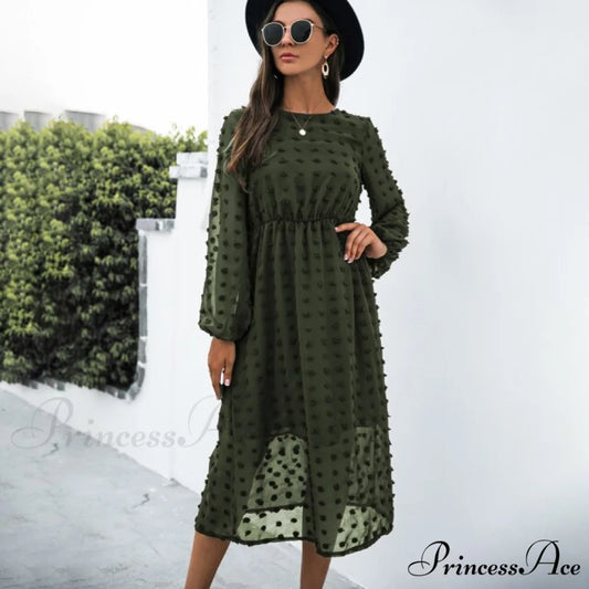 Elegant Casual Chiffon Party Vintage Midi Dresses Armygreen / S