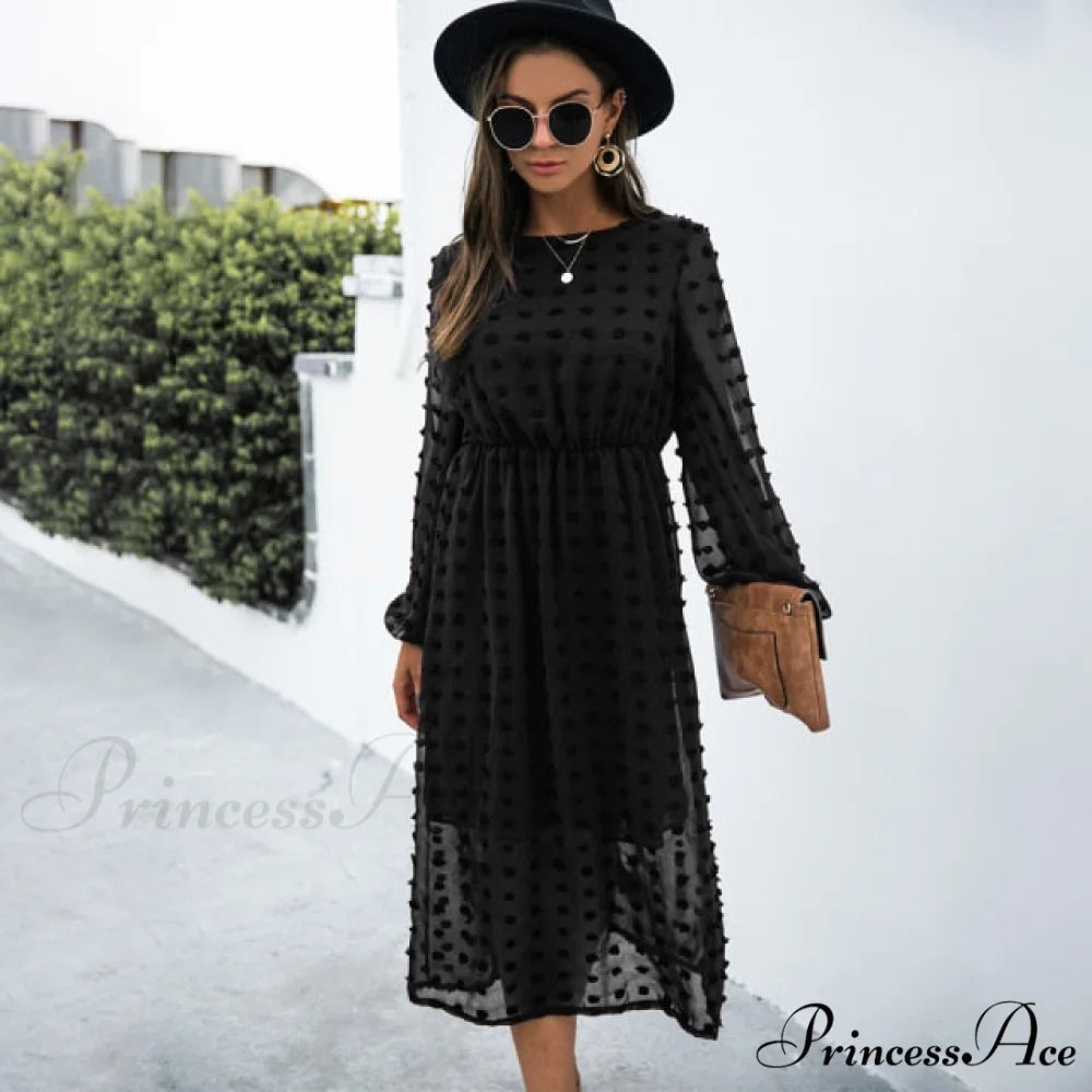 Elegant Casual Chiffon Party Vintage Midi Dresses Black / S