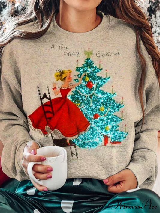 Elegant Casual Loose Round Neck Outdoor Autumn Winter Christmas Tree Hoodie beige / XXS Christmas Hoodies-L